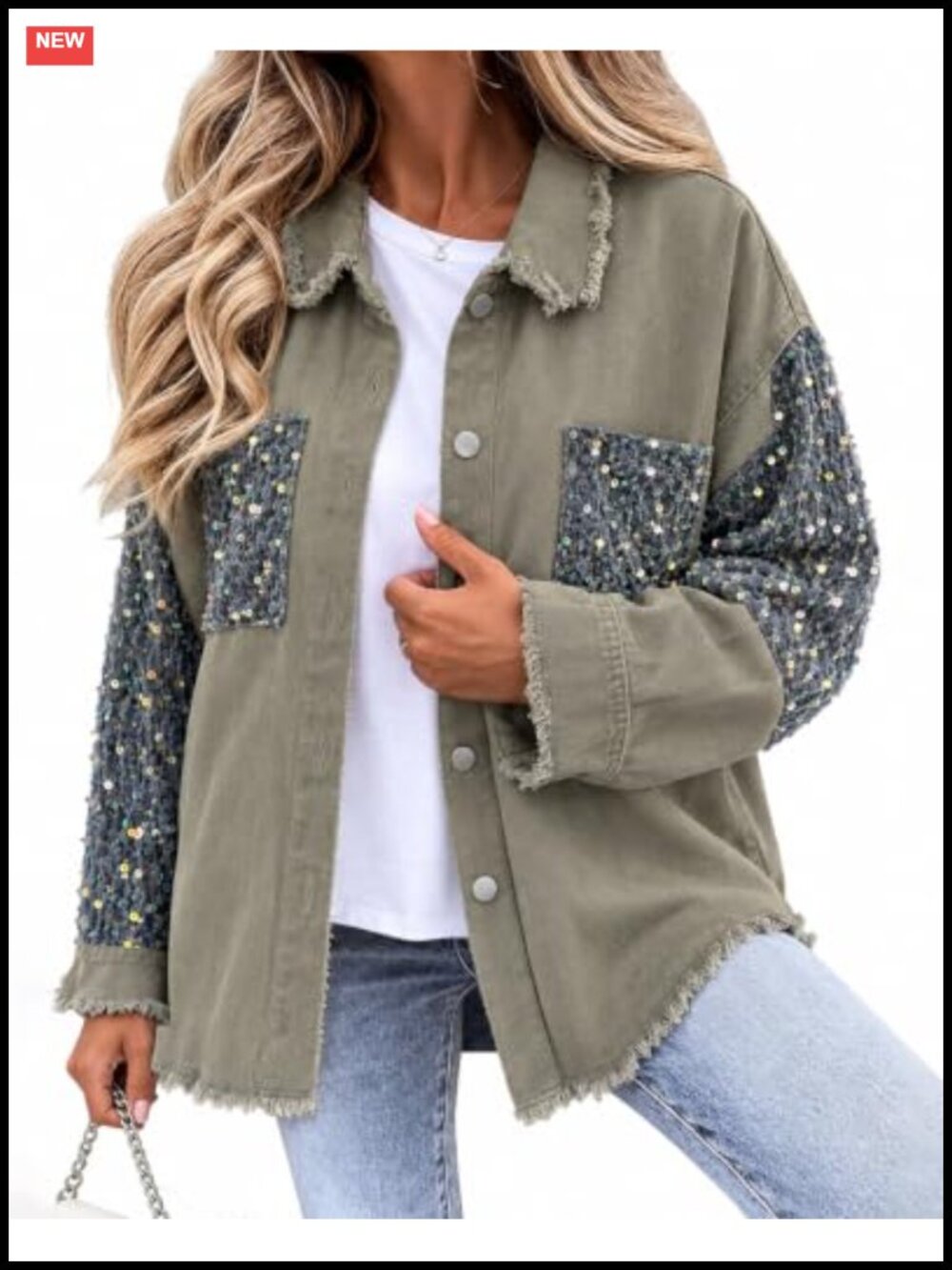 Oversized Sequin Denim Shacket Drop Shoulder Boyfriend Jacket